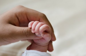 infant holding parent's hand